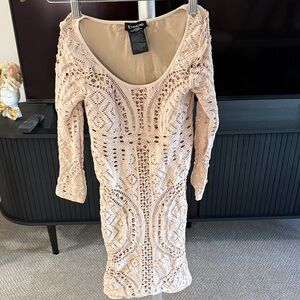 Boohoo Beige Lace Long Sleeve Dress